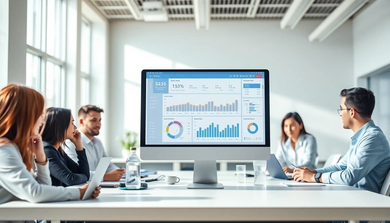 Explore a SaaS dashboard interface in a modern office during team collaboration.