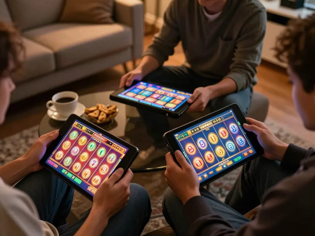 Engaging players experiencing online slots on IDC88JOKER in a cozy home setting.