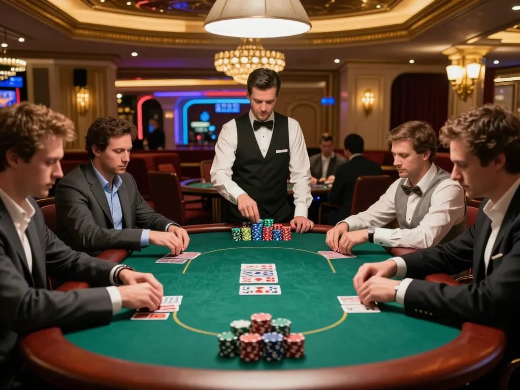 MPOID players strategize in an upscale poker game, showcasing intense competition and luxurious casino ambiance.