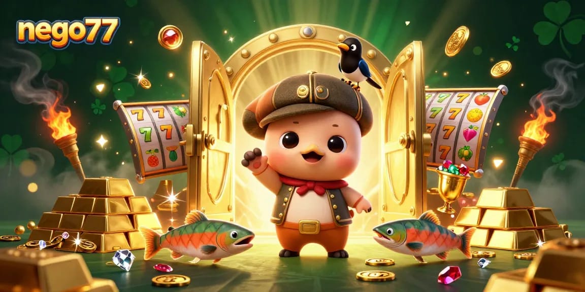 Experience winning excitement at nego77 with vibrant slot reels and playful characters.