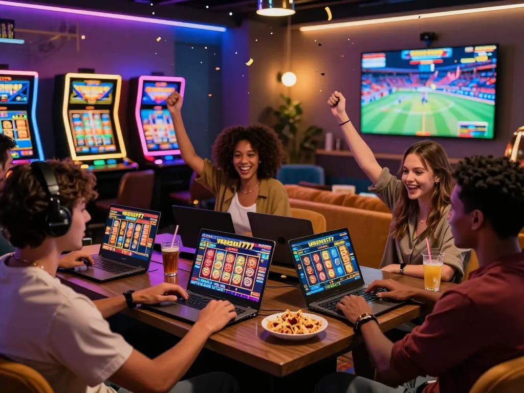 Friends enjoying thrilling games on vegasslot77.com with vibrant lights and festive snacks.