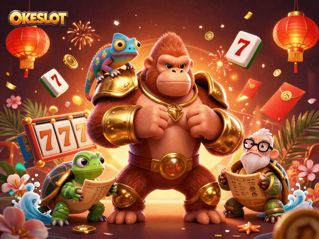 Menangkan permainan slot di OKESLOT dengan karakter kartun menarik dan elemen kasino berwarna-warni.