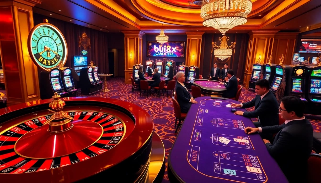A thrilling scene at bk8x club with players engaged at poker tables and a spinning roulette wheel.