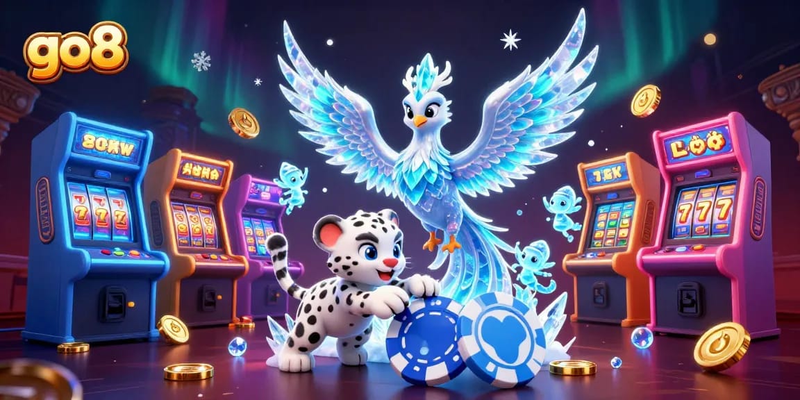 Join the fun with go8, featuring an ice phoenix and snow leopard in a vibrant casino scene.