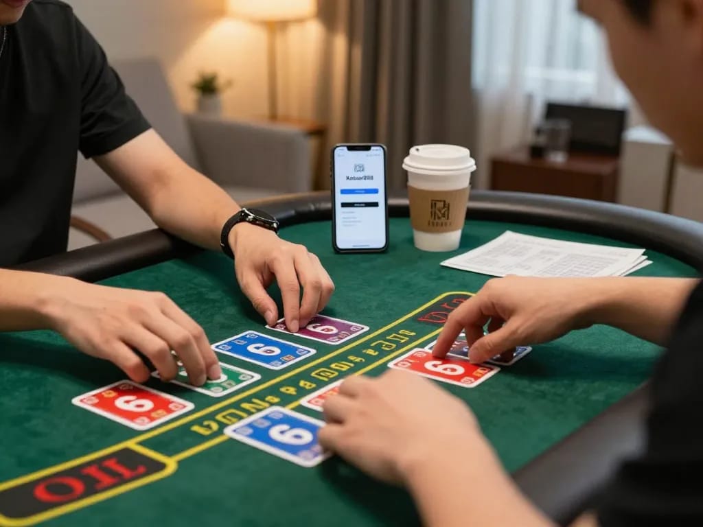 Engaging scene of a player at kaisar888 login on smartphone during an online blackjack game