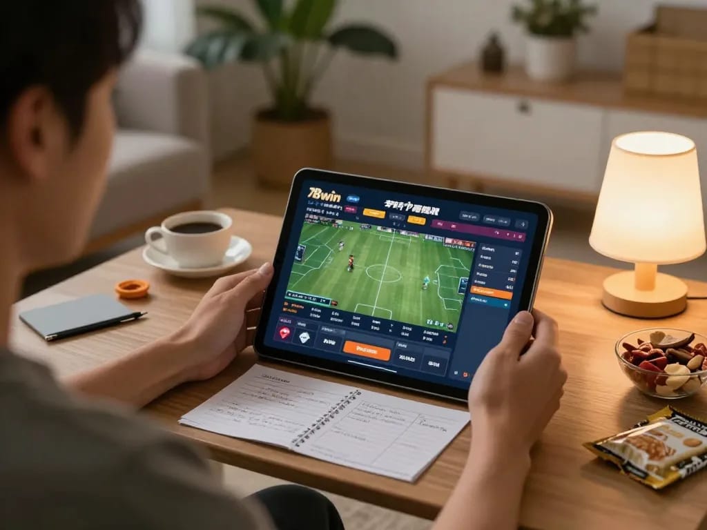Engaged player using 78win app for sports betting, showing interactive gameplay and cozy home setting.