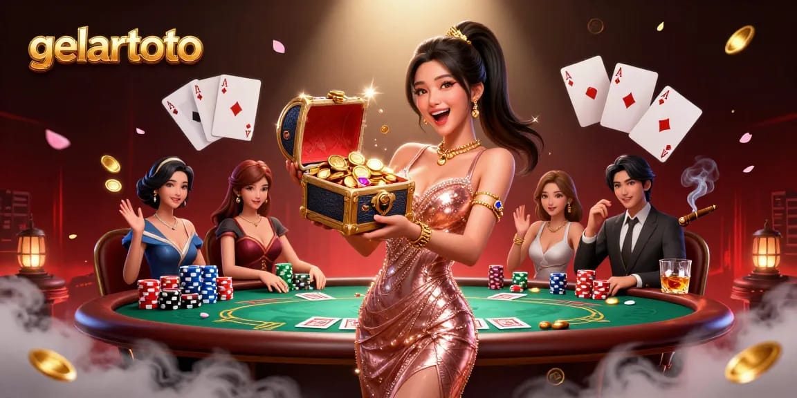 Join the excitement with gelartoto, showcasing a joyful woman revealing treasures in a vibrant casino setting.