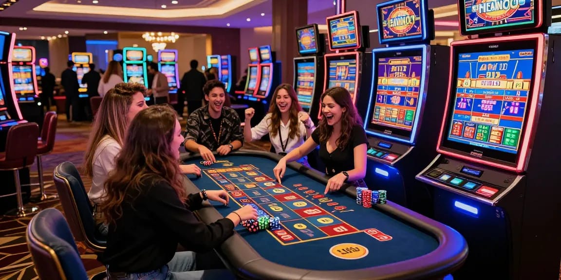 Friends enjoying a link slot machine at a modern casino with vibrant lights.