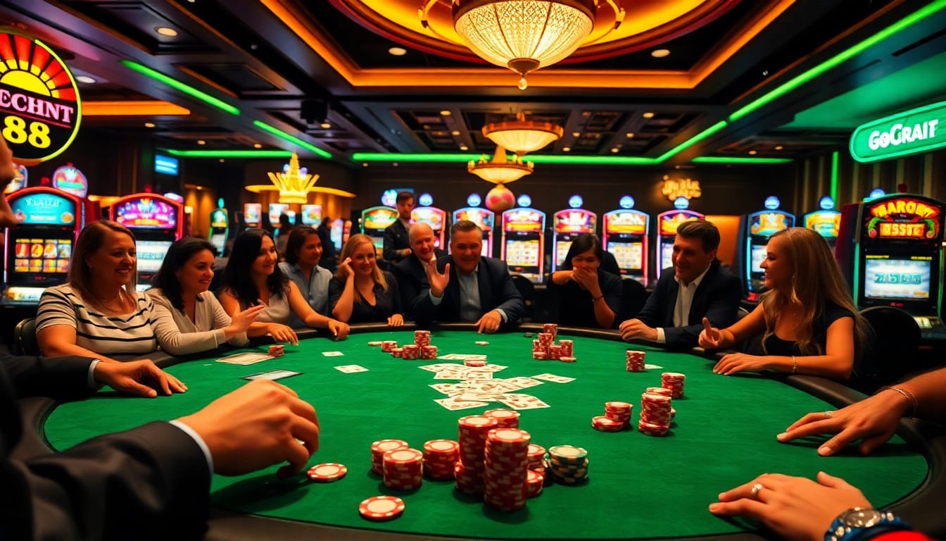 Players enjoying an exciting round of poker at go 88 casino, surrounded by vibrant lights and colorful chips.