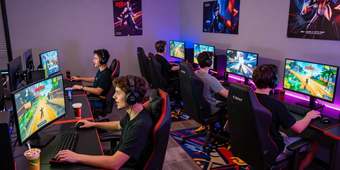 Dynamic gaming scene on CIKA4D platform with players immersed in vibrant graphics and modern gaming setup
