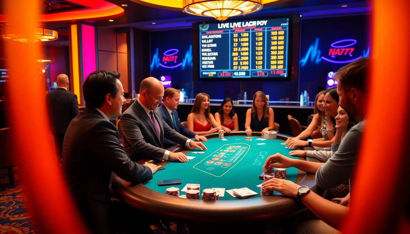 Engaging scene of live blackjack at NA777 casino, showcasing excitement and professionalism.