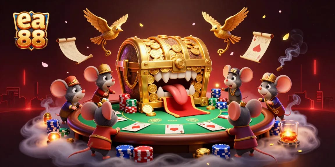 ea 88 showcases a dynamic casino scene with a treasure chest and poker elements in a vibrant setting.