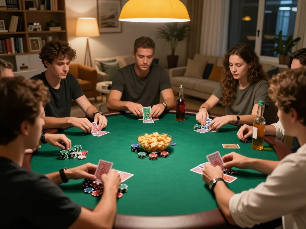 Players strategizing at a home poker table, immersed in U888 gameplay with competitive spirit and social vibe.