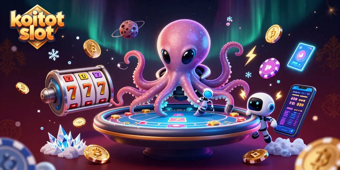 Bermain koitot slot dengan alien gurita berwarna cerah di meja poker holografik, dikelilingi chip poker asteroid dan elemen slot.