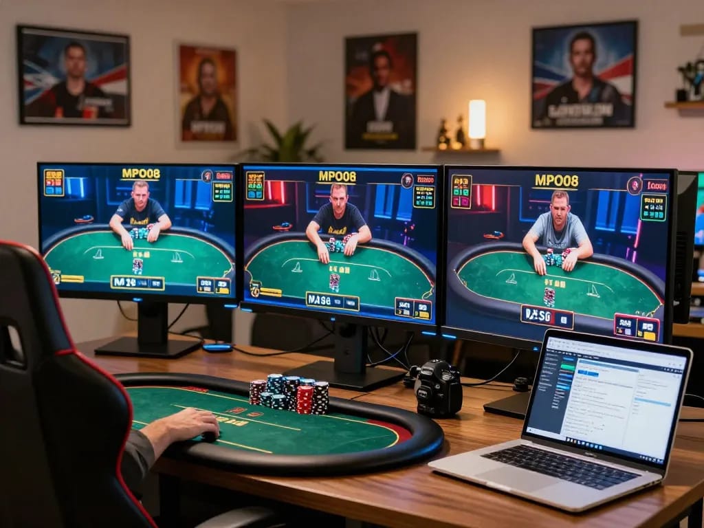 Engage in MPO08 online poker gameplay with a high-tech gaming setup showcasing dynamic action.