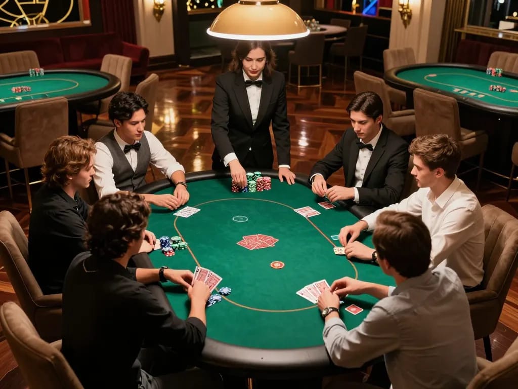 Pemain terlibat dalam permainan poker strategis di meja taruhan tinggi, pengalaman daftar deluna4d.