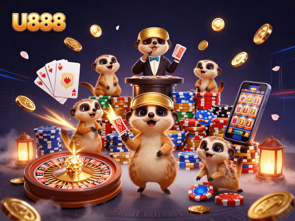 U888 meerkats operating a vibrant casino with chips, coins, and cards glimmering in action.