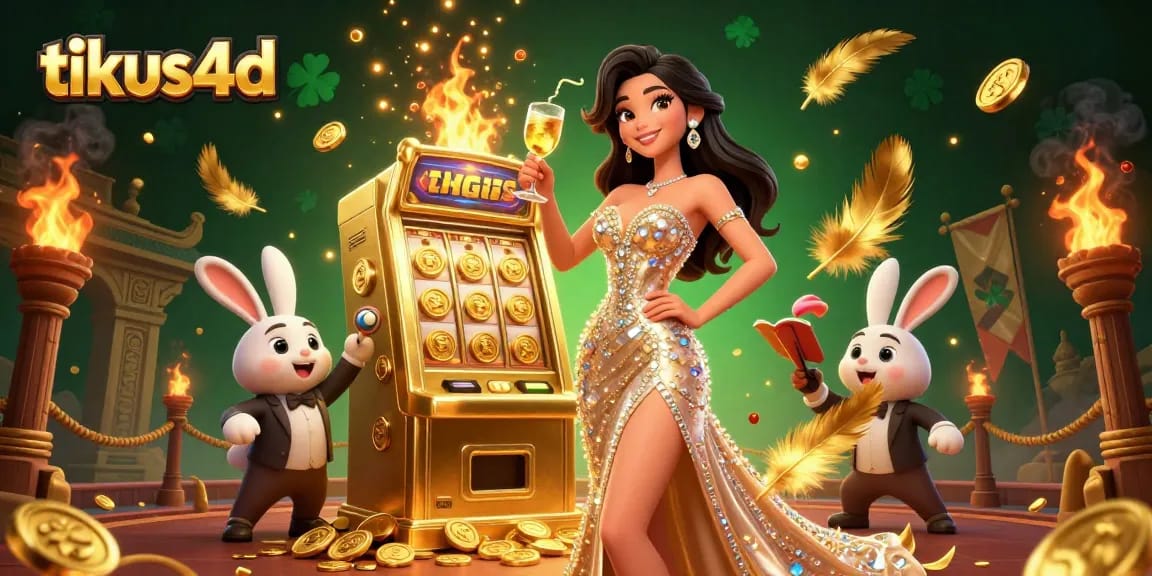 TIKUS4D offers winning strategies with stunning visuals of a lady celebrating beside a huge jackpot slot machine.