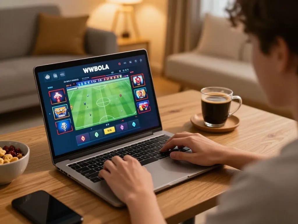 WWBOLA player engaging in online betting with laptop at home for exciting game strategies.