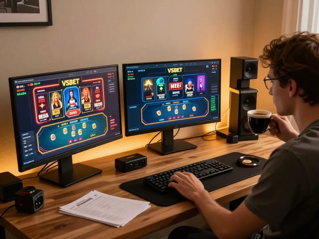 VSBET online gaming setup with multiple screens displaying various casino games.