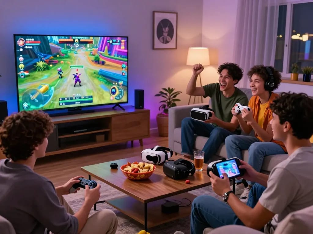 Friends enjoying online gaming experience with mantra88 link on devices in cozy living room setting.