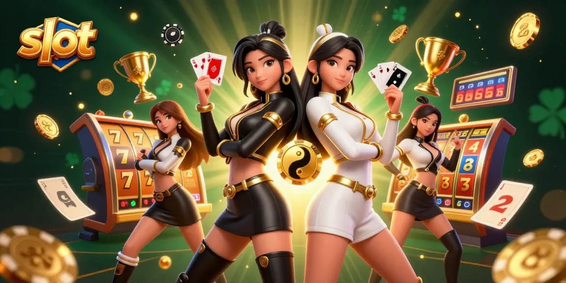 Experience thrilling slots gameplay with a dynamic casino scene featuring twin women holding playing cards.