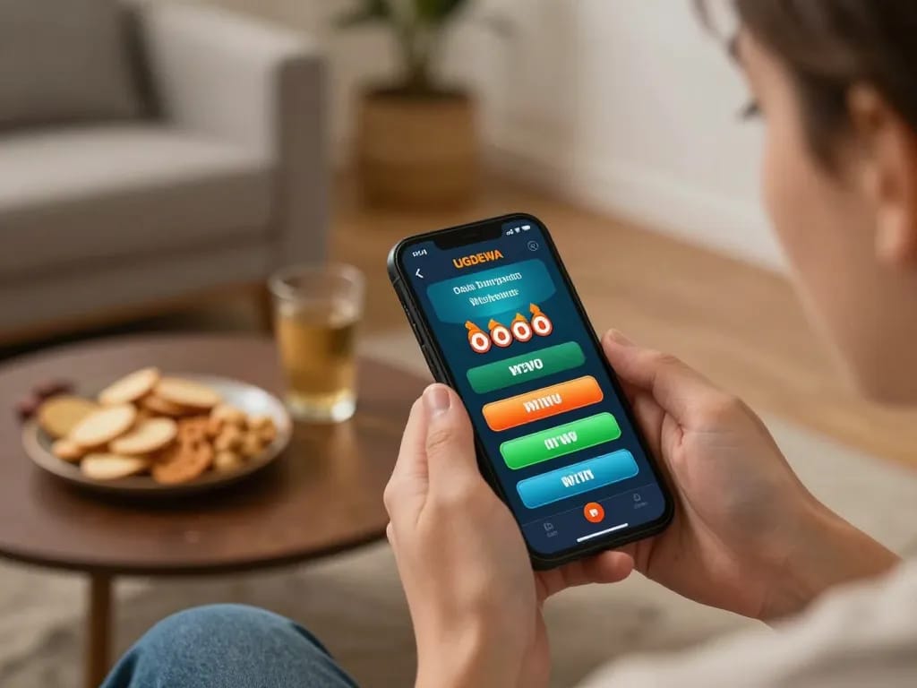 Engaging user interacts with UGDEWA app, capturing excitement of online gambling.