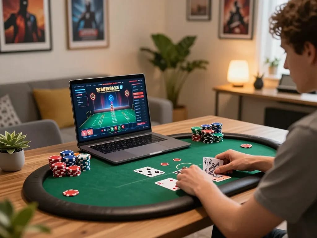 MPO08 player enjoying an online poker game in a cozy home office with vibrant setup.