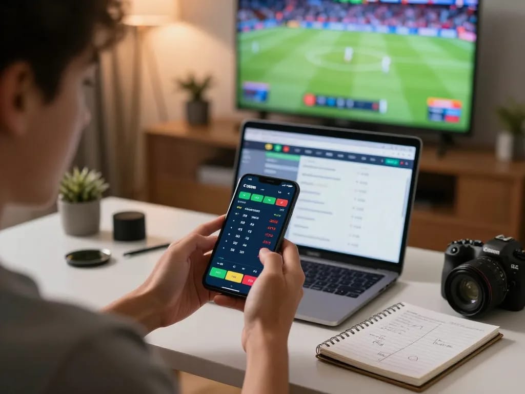 Engaging moment of a kp88 user actively placing bets using a smartphone in a modern sports betting setup.