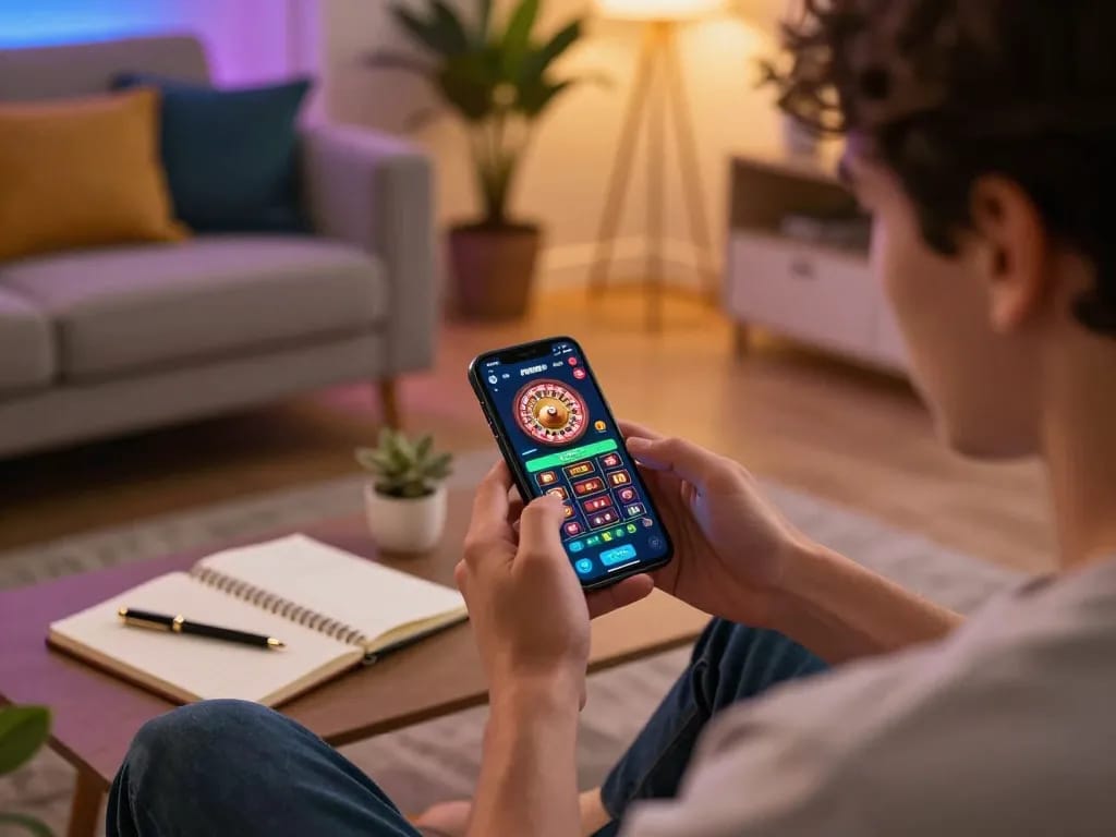 Player using the FB88 app on a smartphone to place bets dynamically in their stylish living room.