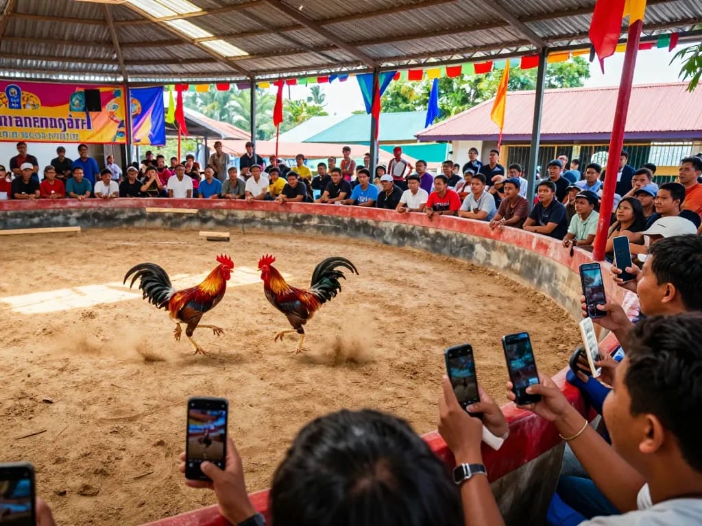 Pertandingan sabung ayam online yang mendebarkan tertangkap di arena sabung ayam yang penuh warna.
