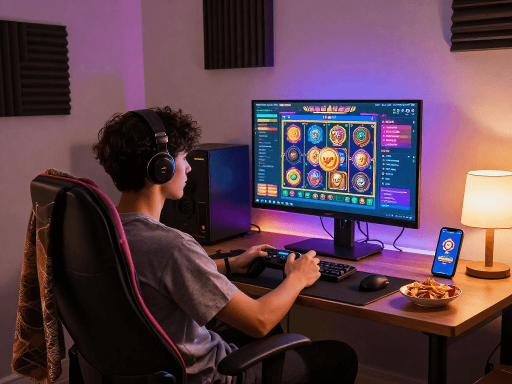 Engaging player enjoying situs slot terbaru in a cozy gaming setup.