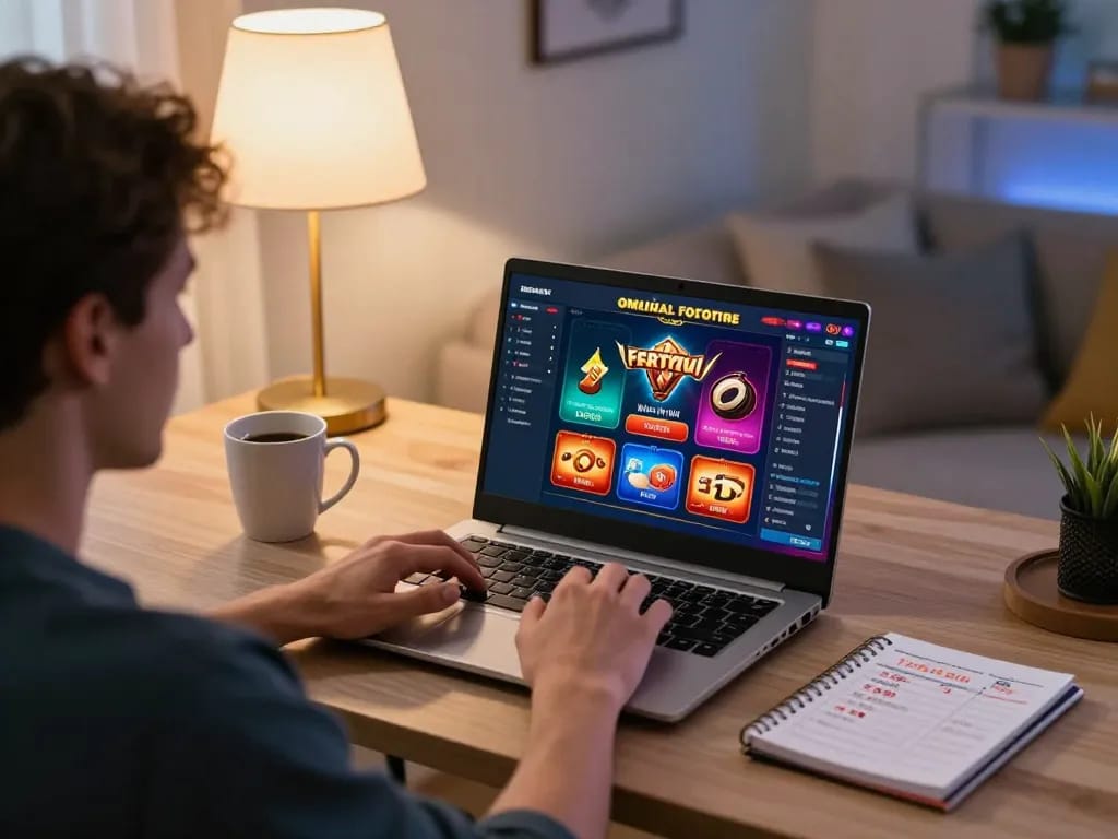 Pengguna LGO99 mengalami perjudian online dengan antarmuka laptop di lingkungan rumah yang nyaman.