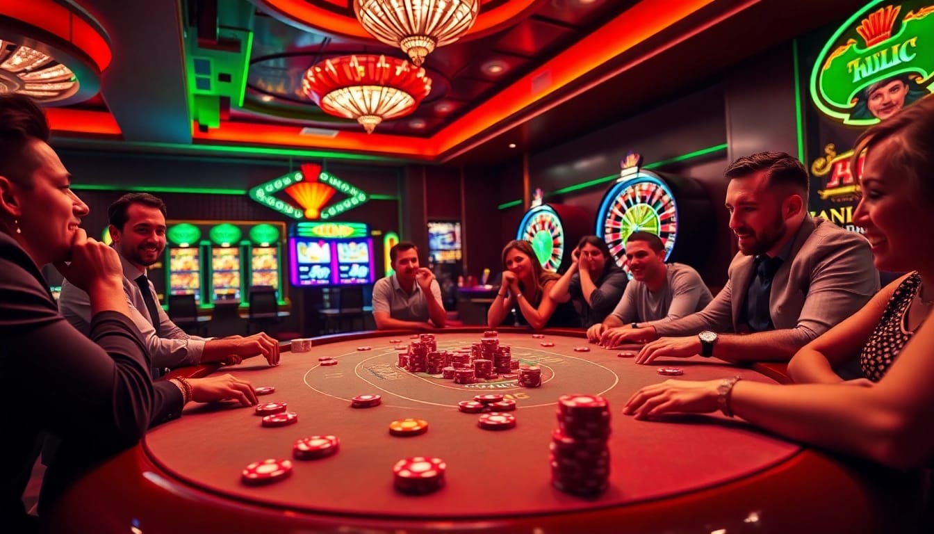 Excited players enjoying a poker game at https://89bet.green/, surrounded by vibrant slot machines and roulette wheel.
