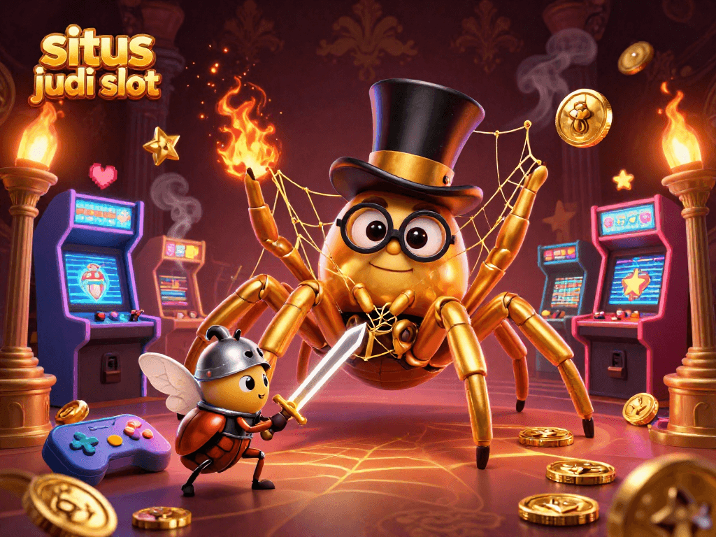 Permainan slot online yang menarik di situs judi slot, menampilkan laba-laba emas dan kesatria kecil dalam suasana kasino yang megah.