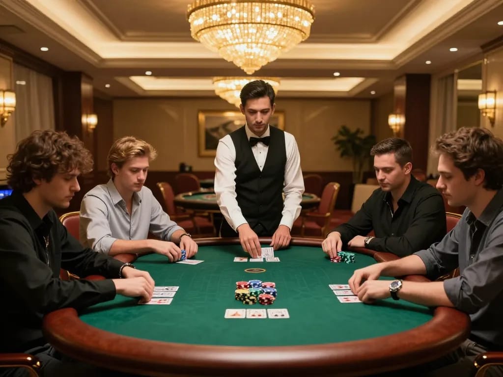 UGDEWA high-stakes poker scene with players focused on their cards and chips, capturing the strategic gameplay atmosphere.