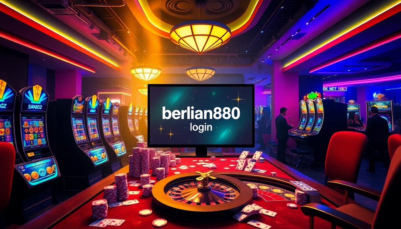Berlian888 login interface highlights the excitement of winning at a luxurious casino, featuring bright slot machines and poker chips.
