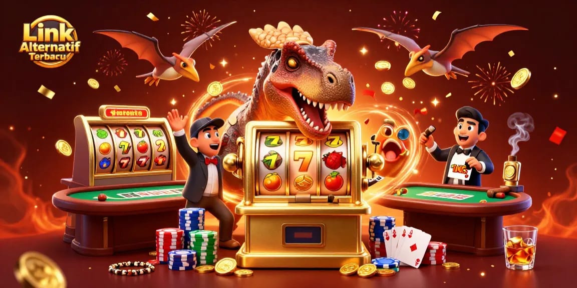 Experience big wins at Link Alternatif Terbaru with golden coins flying around a lively casino scene.