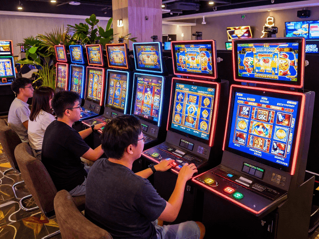 Engaging scene of players enjoying slot gacor games in a vibrant gaming lounge