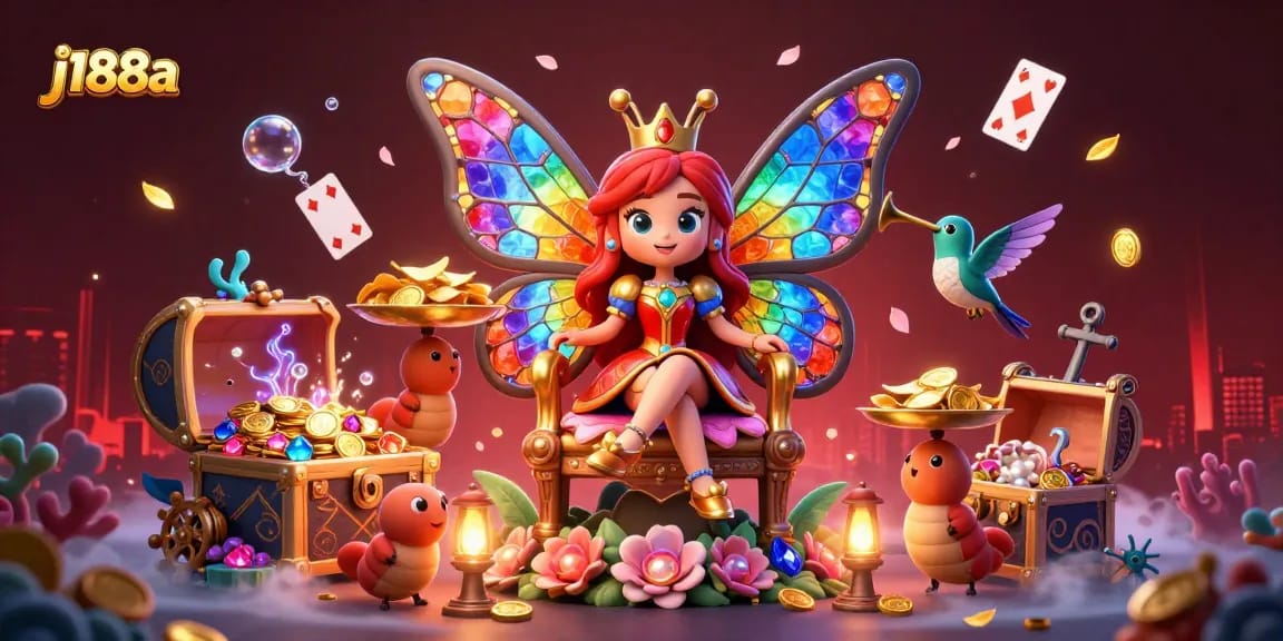 Experience thrilling gaming with j188a in this vibrant casino illustration featuring a butterfly queen.