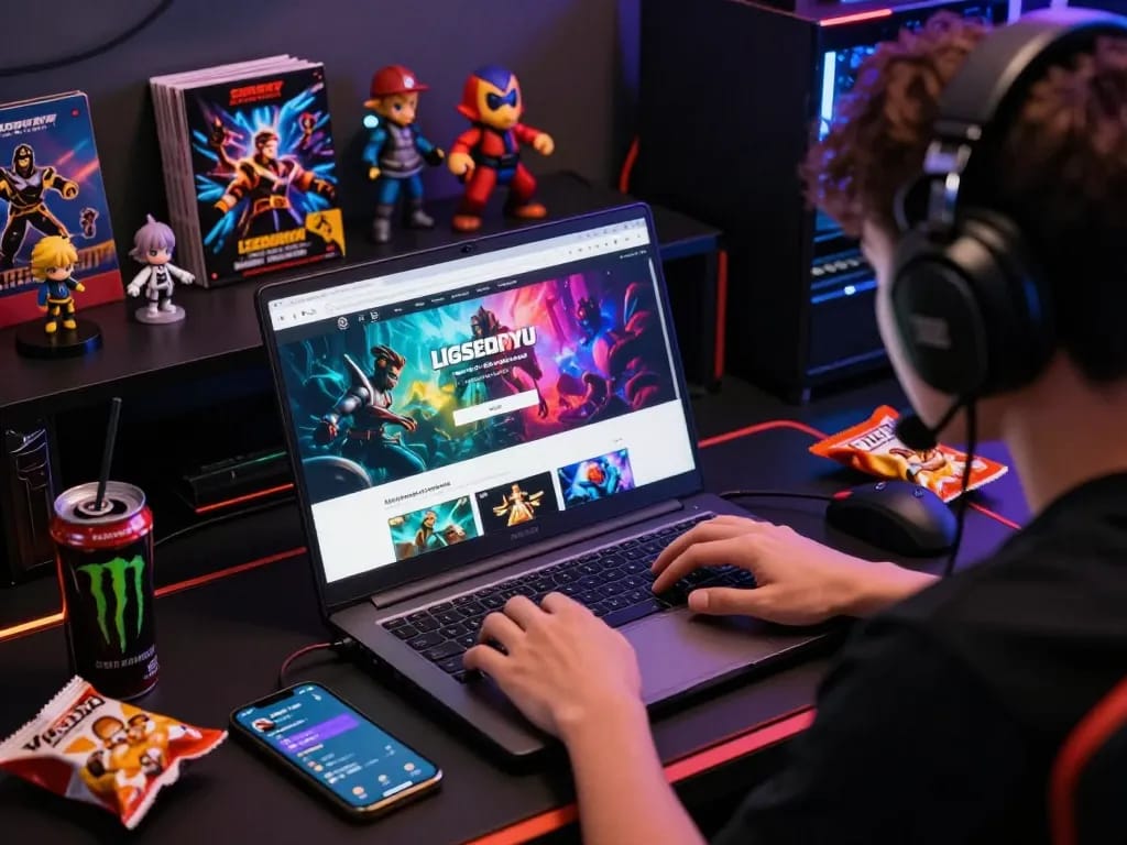 Gaming enthusiast engaged in ligasedayu login on laptop, vibrant gaming setup with snacks and energy drinks visible.