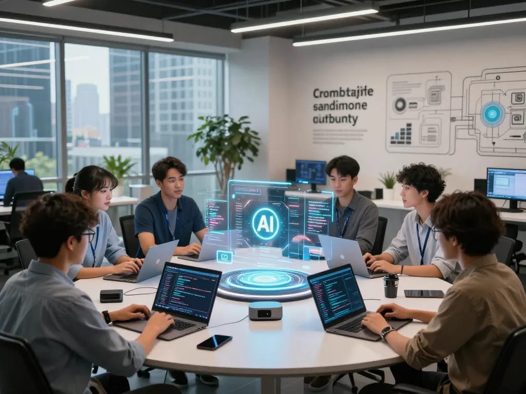 Collaboration of developers using crush ai in a modern workspace with holographic displays.
