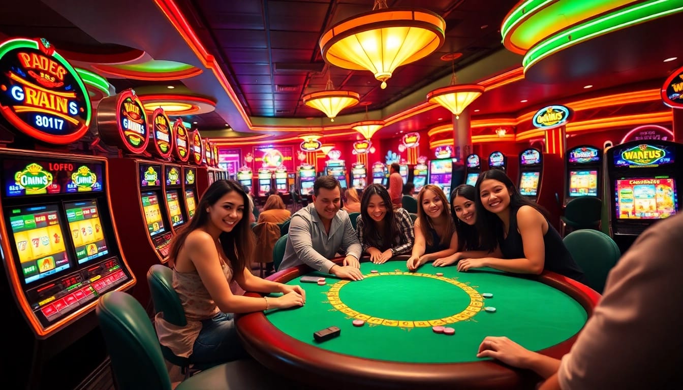 Bermain poker dengan tkp188 di kasino ramai, pancaran cahaya neon yang ceria.