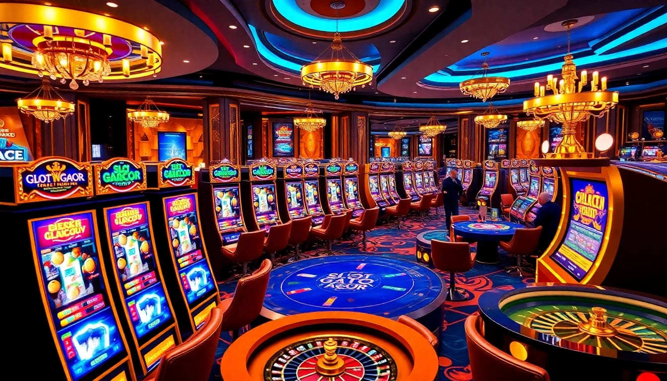 Excited players engaging with Slot Gacor games in a vibrant casino setting filled with slot machines and winning moments.