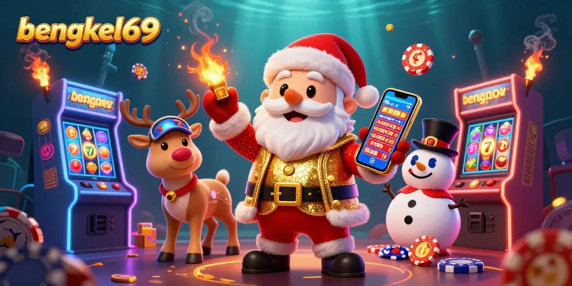 Bengkel69 showcases Santa Claus winning at jackpot slots amid vibrant arcade games.