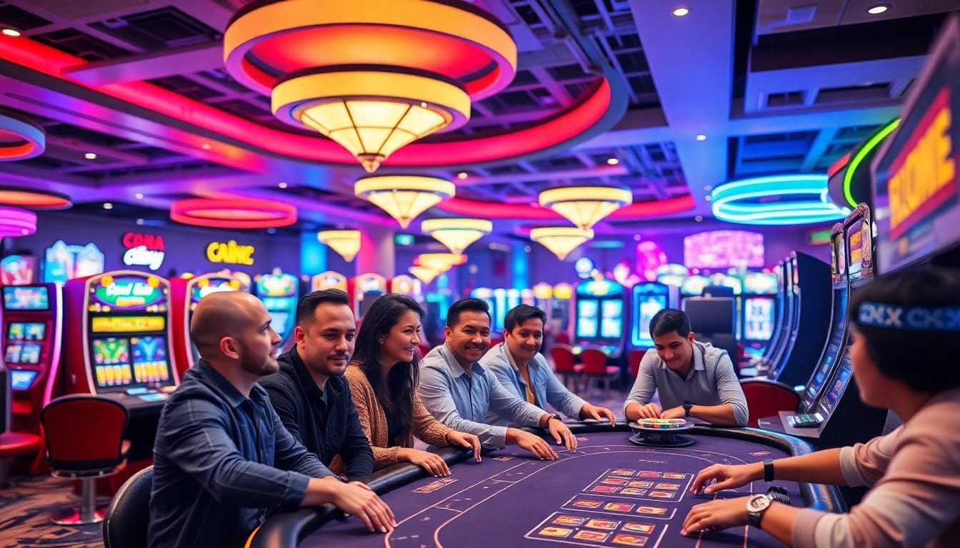 Menggambarkan situs bossmahjong dengan pemain bersemangat di kasino yang ramai.