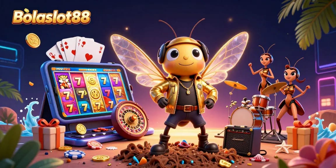 Bolaslot88 showcases exciting slot games with golden coins, spinning reels, and playful characters.