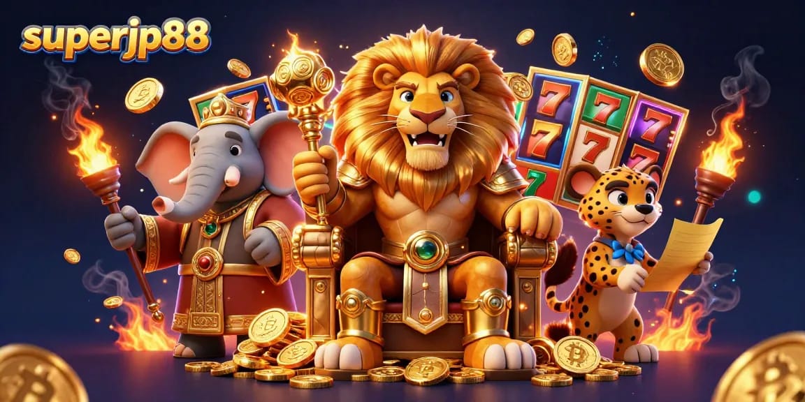 Experience the excitement of superjp88 with a fierce lion king, slot games, and cryptocurrency elements in this vibrant casino scene.