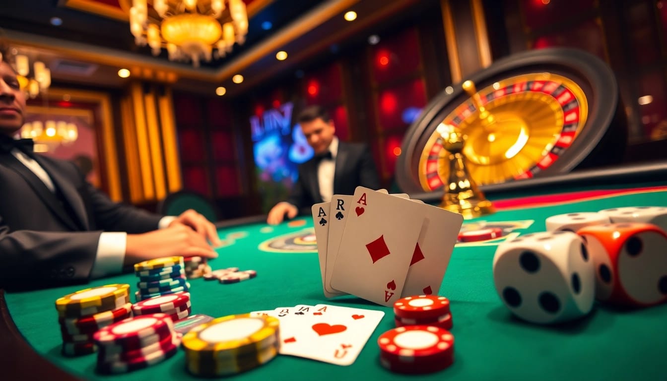 Intensely captivating scene of players at Bin88's high-stakes poker table with colorful chips and cards.