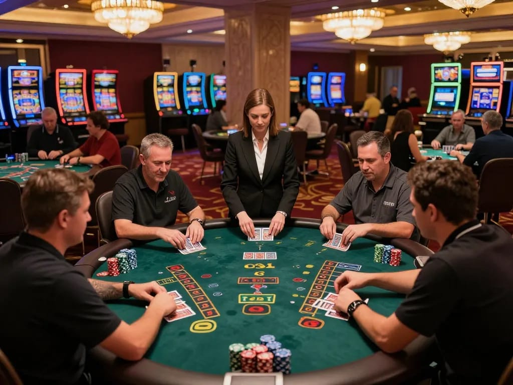 Players engaging in strategic blackjack at the casino highlighted by TR88 gaming tables and warm ambiance.